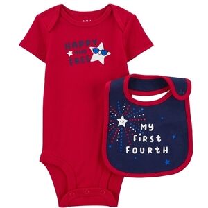 Newborn Red and Blue Baby Bodysuit and Bib. "My First Fourth".   NWT